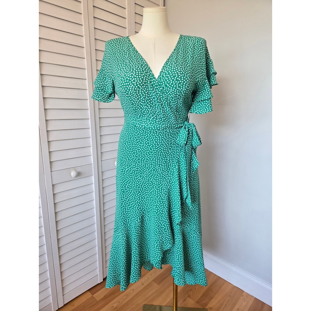 Max Studio Green Polka Dot Ruffle Wrap Midi Dress Size L Feminine Chic Spring